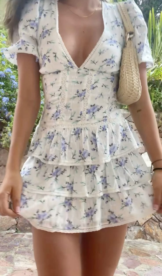 Deep V Neck Floral Dress,Cute A-line Homecoming Dress Y2317