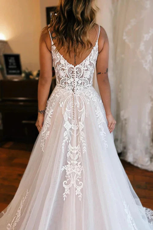 omberprom Elegant A-Line Off The Shoulder Wedding Dress With Appliques And Slit