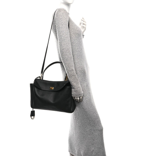 Natural Smooth Calfskin Medium Rodeo Top Handle Handbag Black
