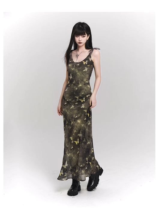 Vintage Butterfly Green Mesh Spaghetti Strap Dress TP2911
