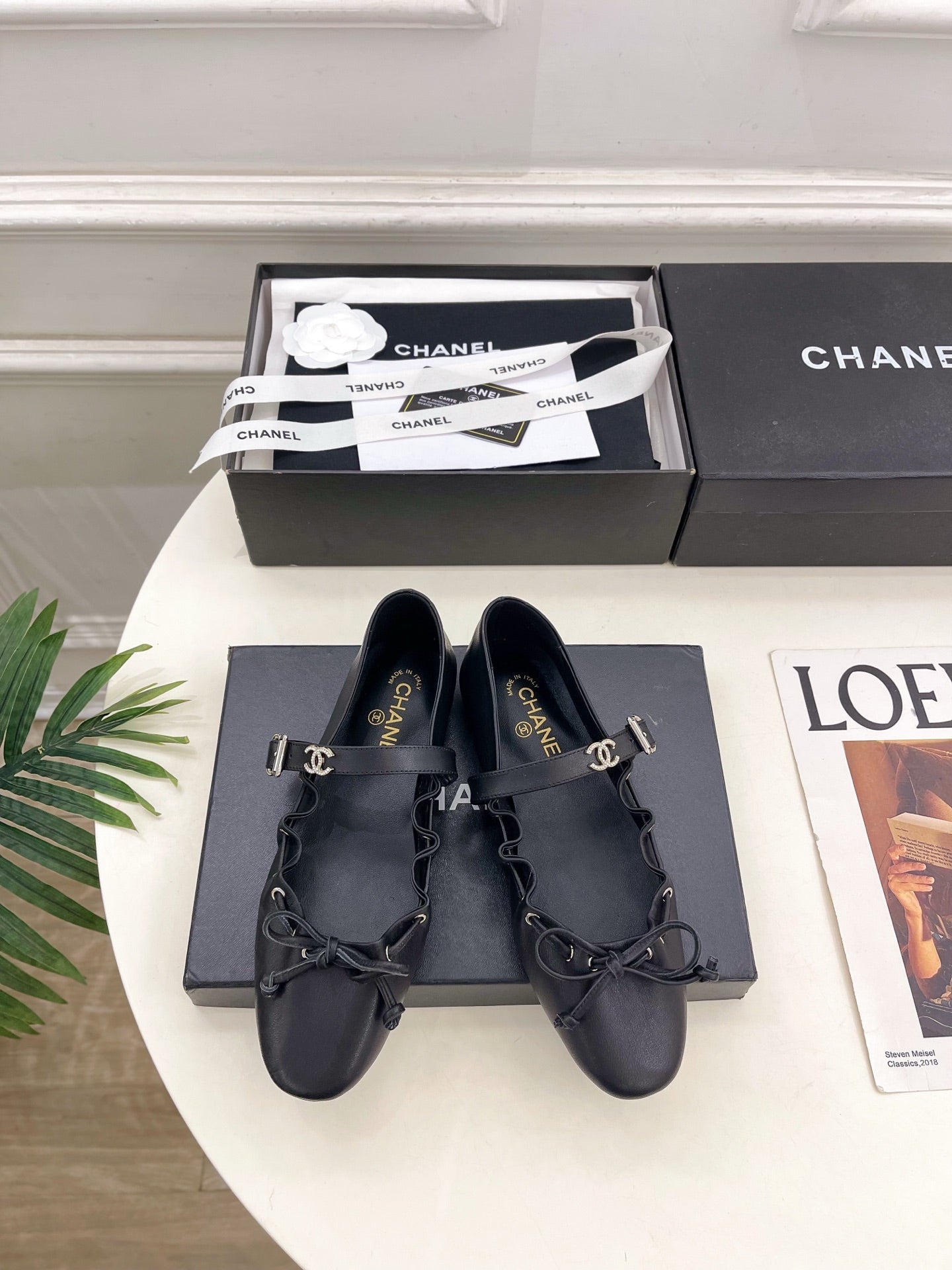 CC 26 SS Ruffled Bow Mary Jane Flats Black Calfskin 586928