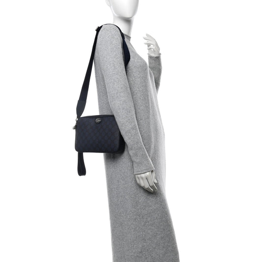 GG Supreme Monogram Textured Dollar Calfskin Web Ophidia Wristlet Shoulder Bag Black Blue