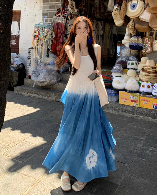 Fairy ruffle blue tie-dye color matching long skirt travel wear suspender dress R1712