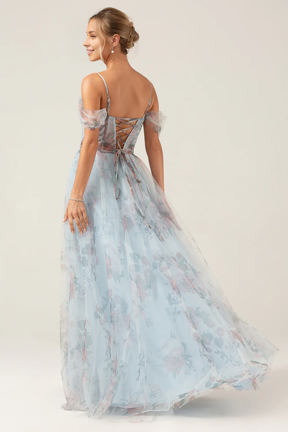 omberprom Blue Flower A-Line Prom Dresses Spaghetti Straps Corset Long Prom Dress With Slit