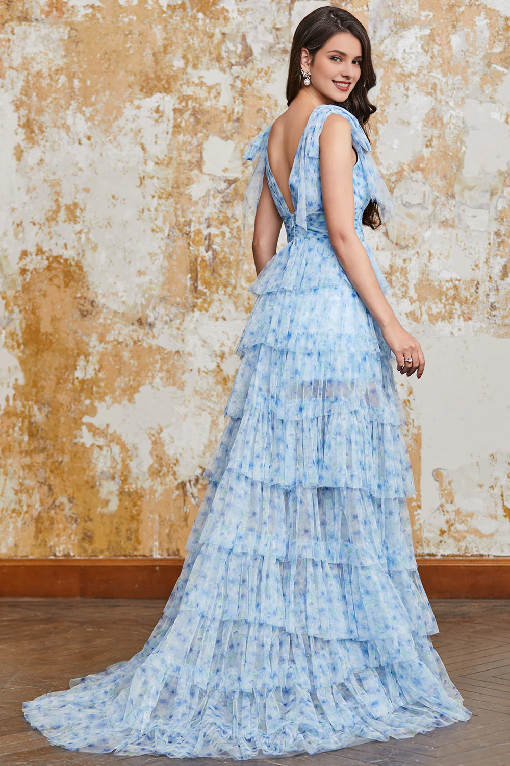 Liymcdress Princess A Line Evening Dress V Neck Blue Long Prom Dress with Slit Pretty Wedding Guest Dress Party Dress