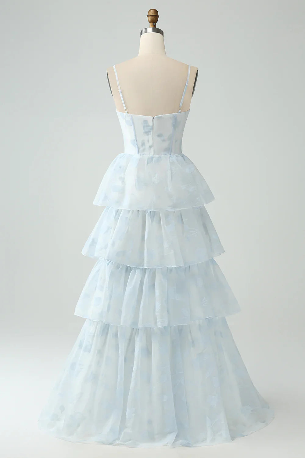 omberprom A-Line Prom Dresses Spaghetti Straps Tiered Maxi Dress with Slit Light Blue