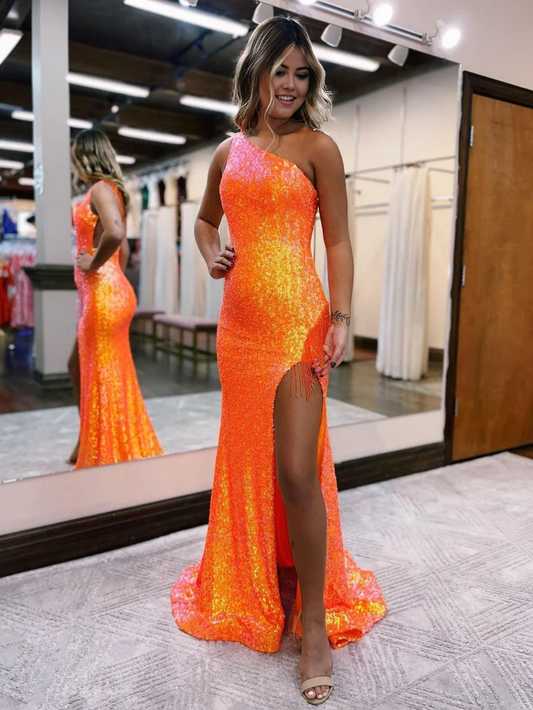 Liymcdress Mermaid One-Shoulder Evening Dress Sequins Prom Dress With Tassels