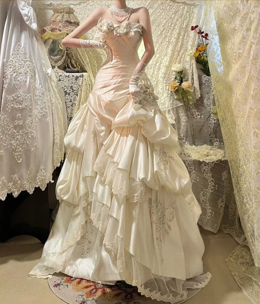 Glamorous Ivory Ruffled Layers Satin Wedding Dress A-Line Lace Hem Bridal Gown TP5258