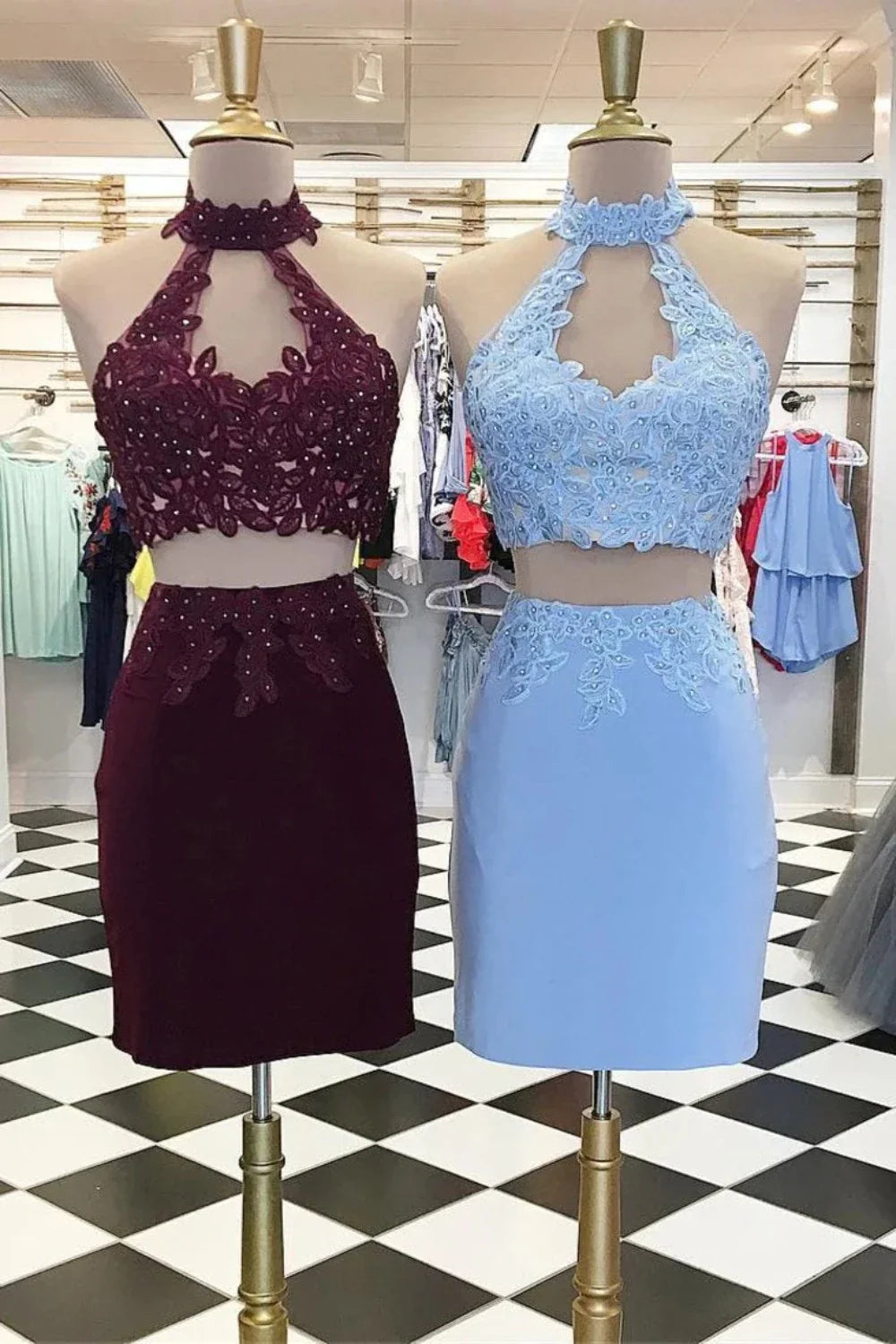 PM124,2022 Two Pieces High Neck Homecoming Dresses Sheath Chiffon With Applique And Beads