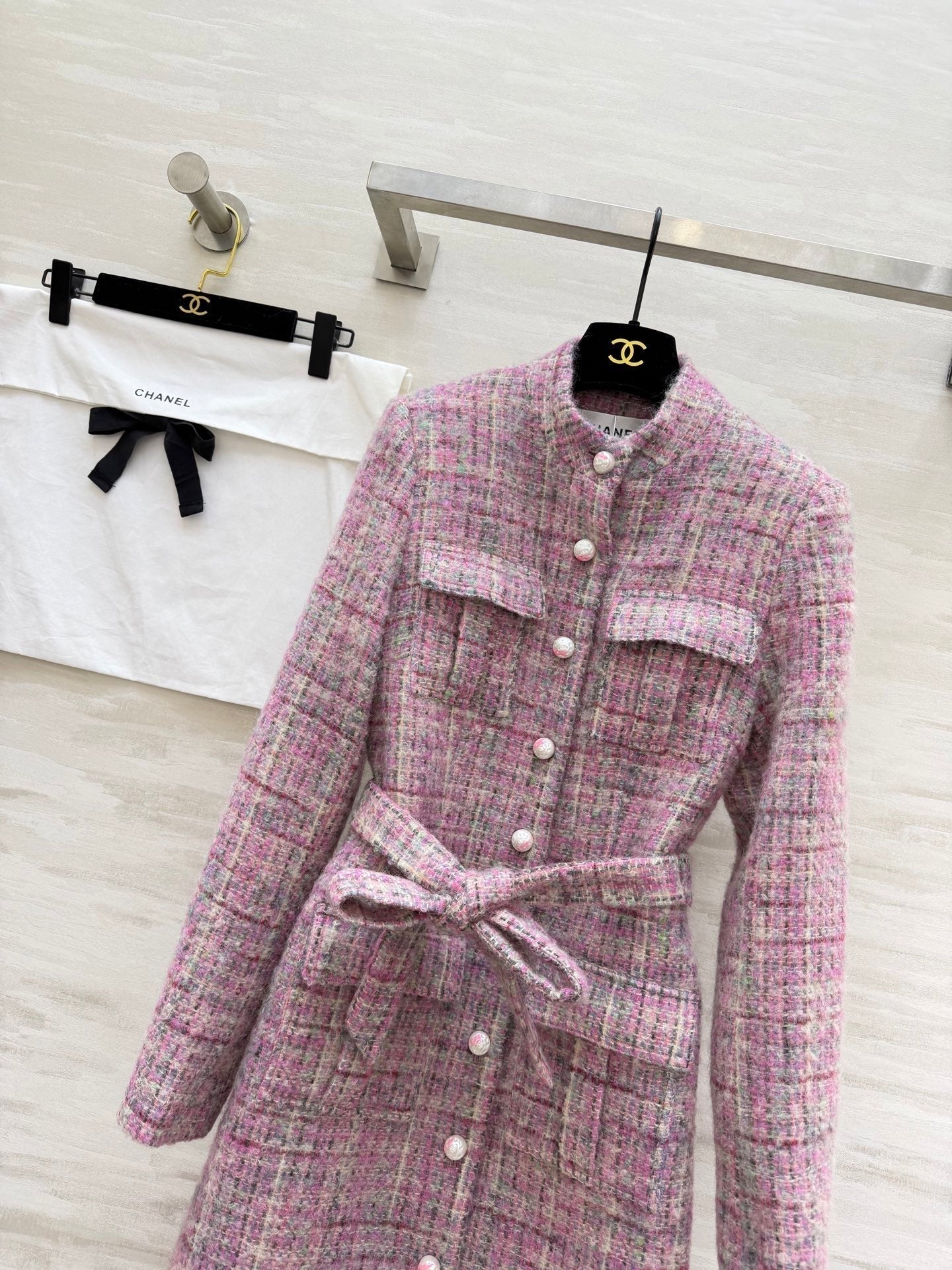 CC Woven Tweed Long-Sleeved Dress Pink Tweed 343192