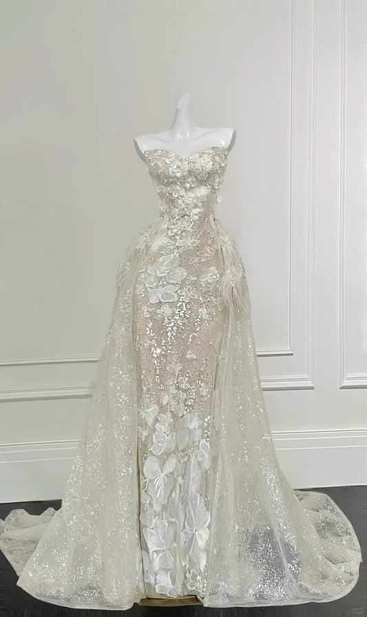 Gorgeous Champagne Gold Mermaid Strapless Sequined 3D Flower Tulle Wedding Dress with Train P4094
