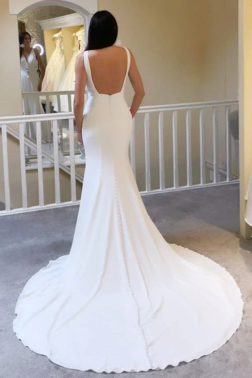 omberprom Elegant Deep V Open Back Mermaid Long Wedding Dress Simple Bridal Gown