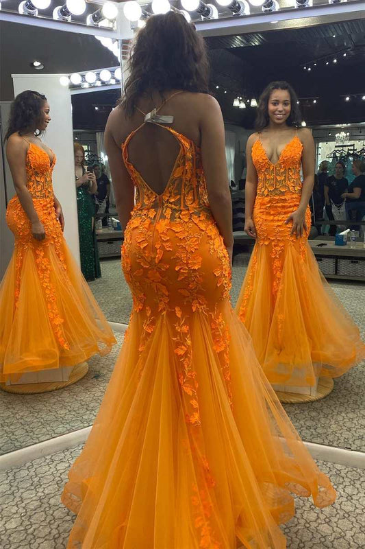 Unique Orange Appliques V-Neck Backless Mermaid Long Prom Dress