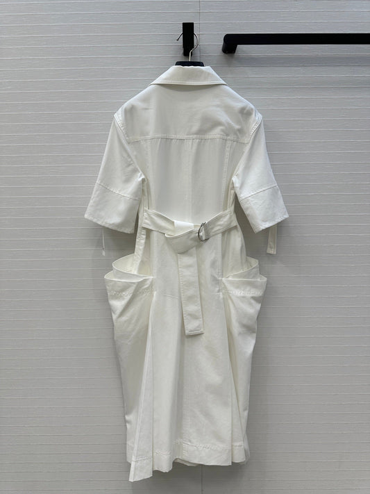 BV V-neck Rolled-Up Sleeve Dress in White Tencel