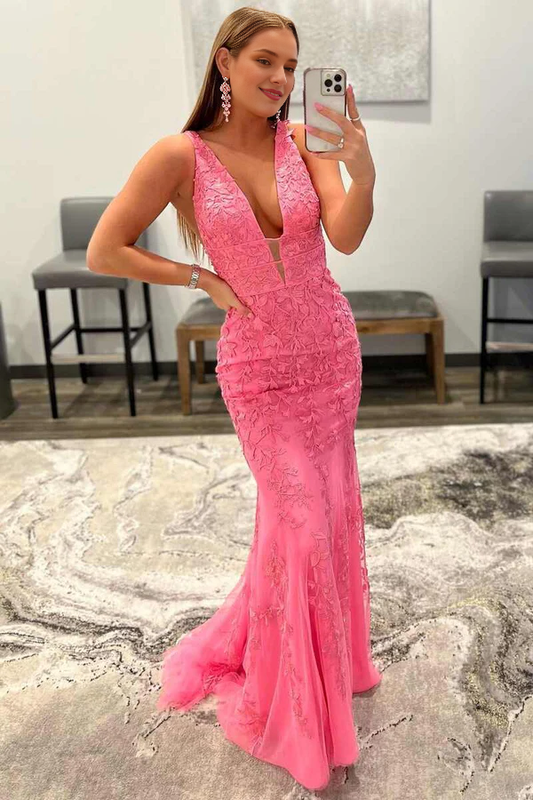 omberprom Elegant Mermaid Plunge V Neck Lace Long Prom Dress Charming Evening Party Dress