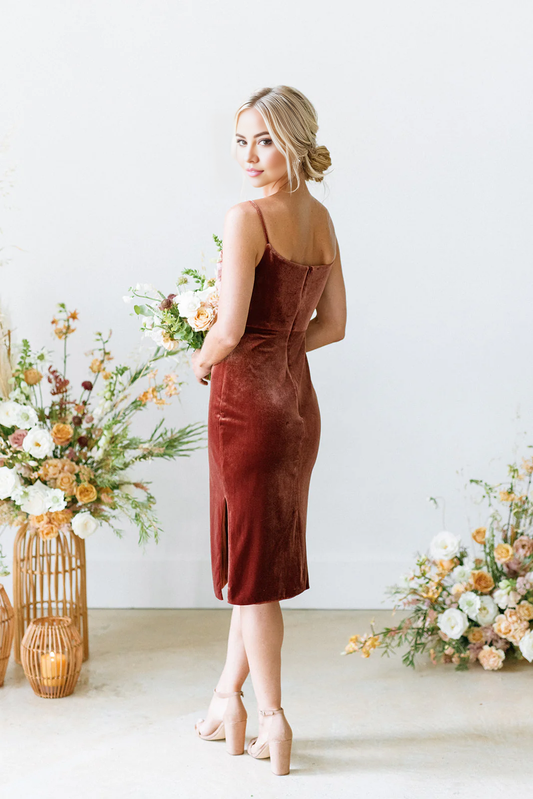 omberprom Elegant Velvet Dress Ruched Formal Dress for Wedding Guest Evening Dress