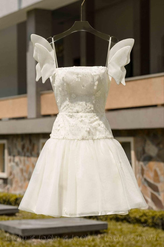 White wing suspenders waist slim A-line short skirt homecoming dress R3365