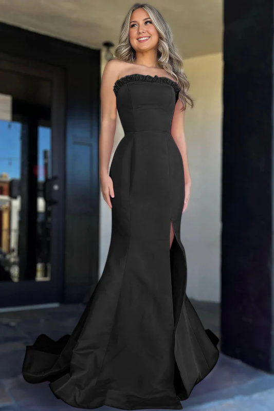 omberprom Strapless Evening Dress Maganta Ruffle Mermaid Slit Long Prom Dress