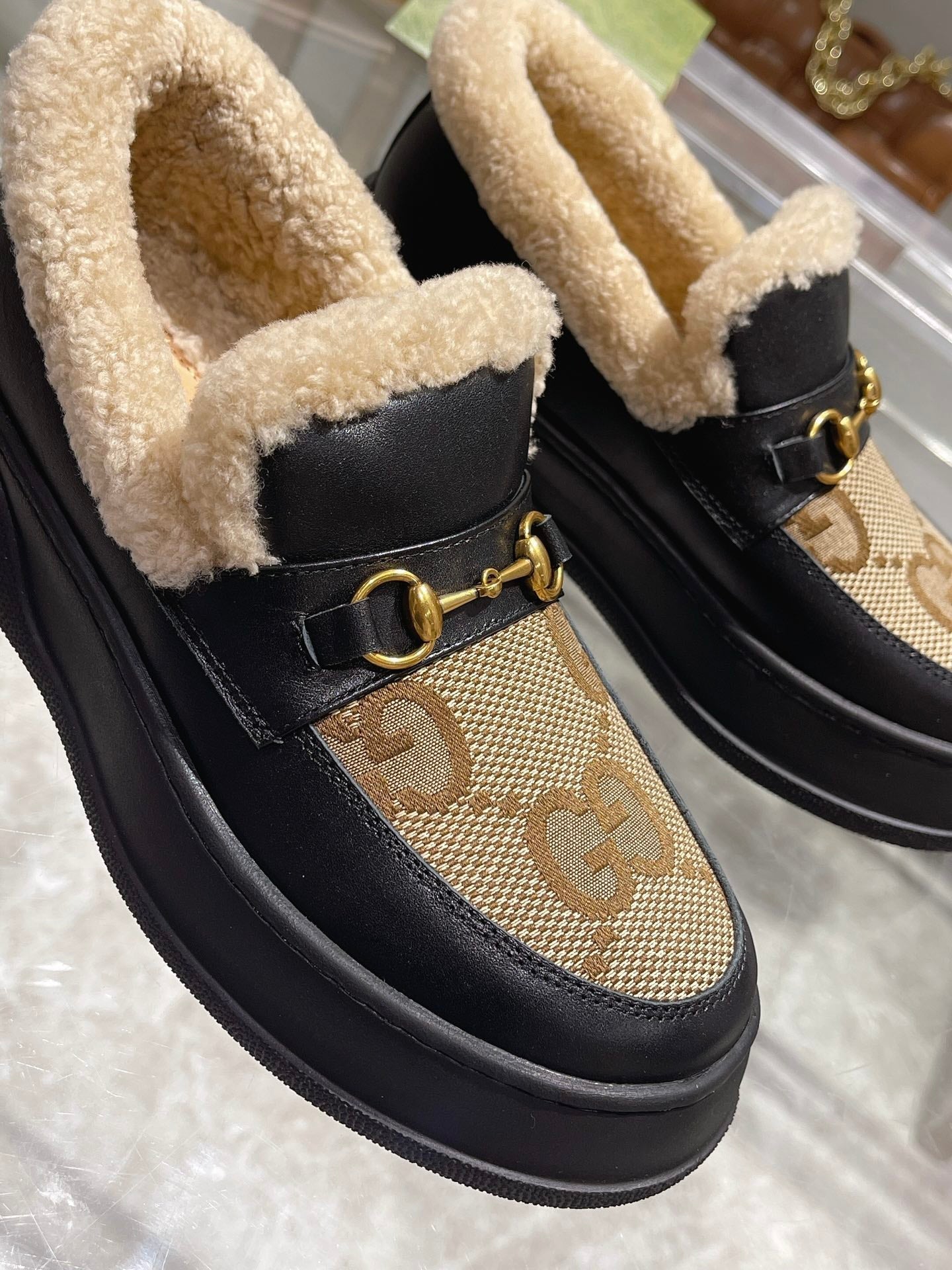 GG Snow Boots Black Calfskin Denim Wool 576248