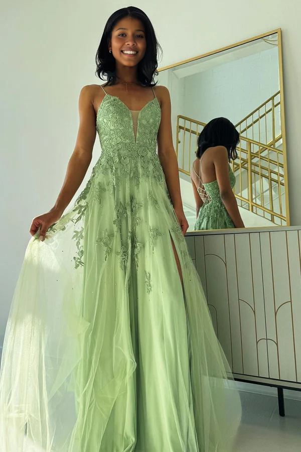 omberprom Elegant A-Line Long Prom Dresses Sage Green V Neck Evening Dress Tullewith Appliques