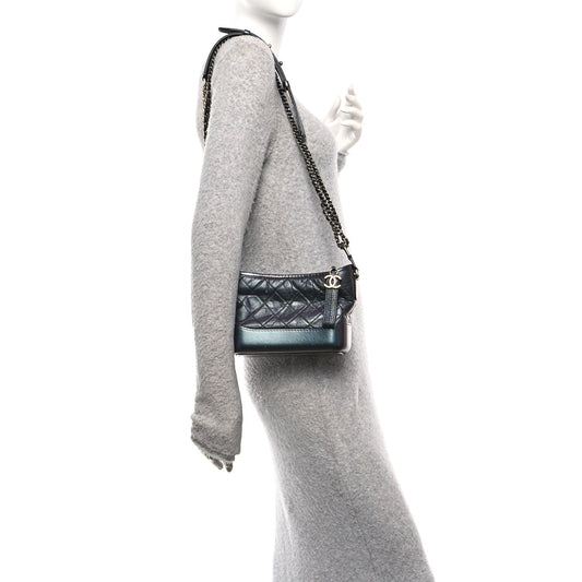 Iridescent Aged Calfskin Quilted Small Gabrielle Hobo Black