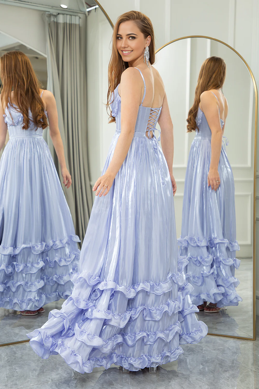 omberprom A Line Long Prom Dress Spaghetti Straps Tiered Long Evening Dress Corset With Slit