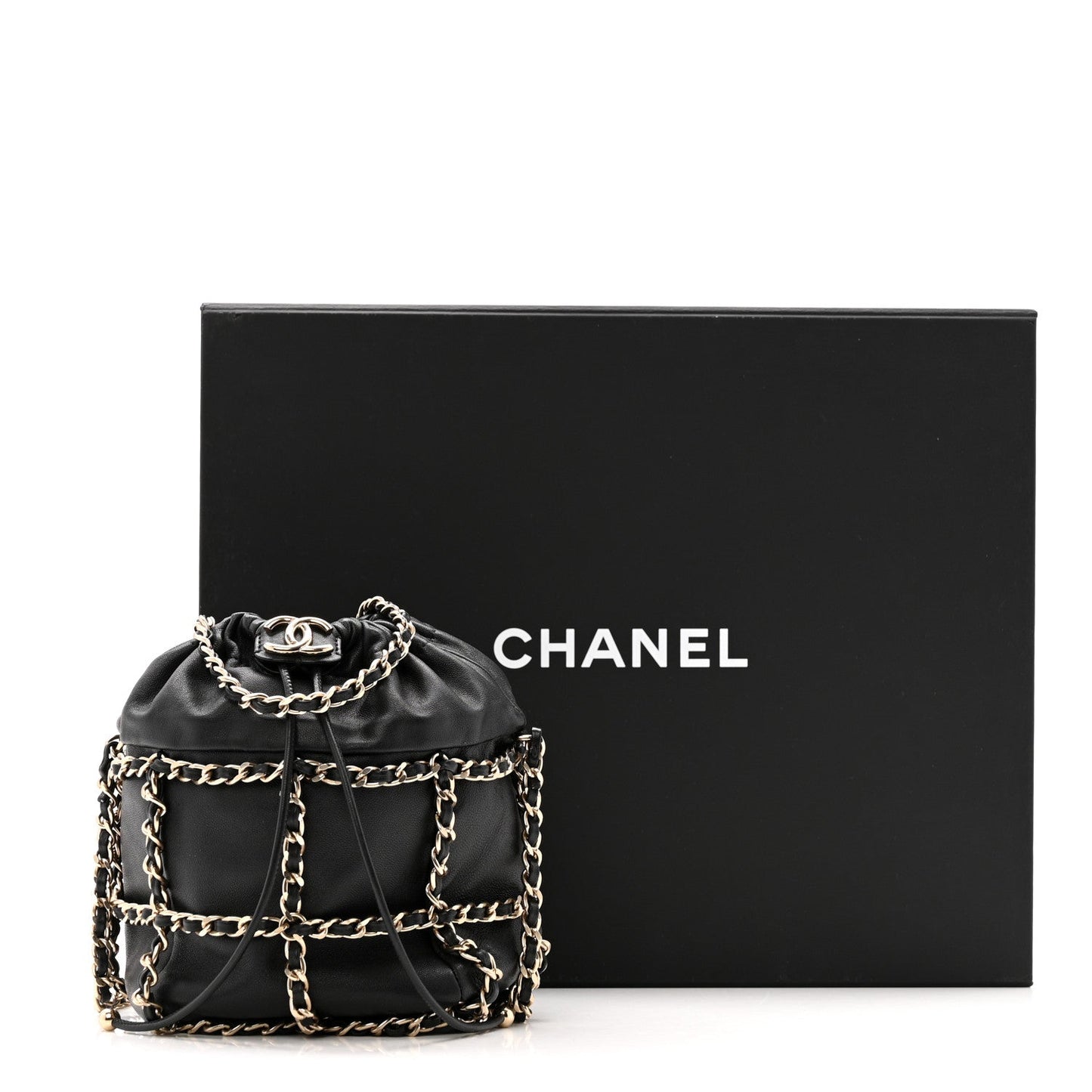 Lambskin Bucket Chain Drawstring Bag Black