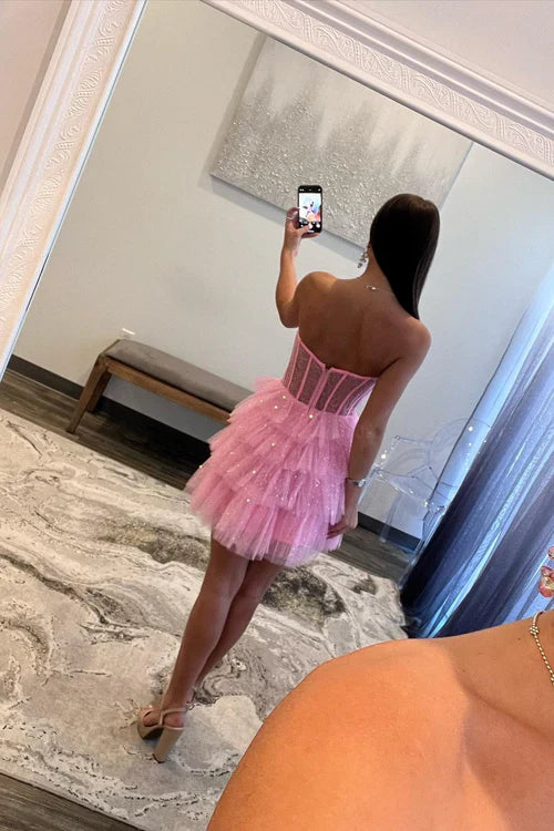 omberprom Charming Graduation Dresses Sparkly Strapless Multi-Layers Tulle Homecoming Dress