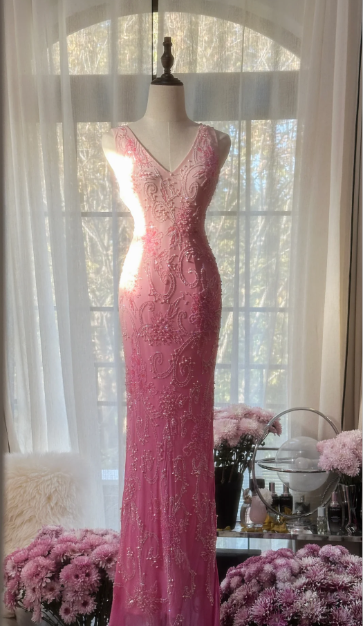 Pretty V Neck Ombre Pink Chiffon Beaded Mermaid Long Party Dress Birthday Evening Gown