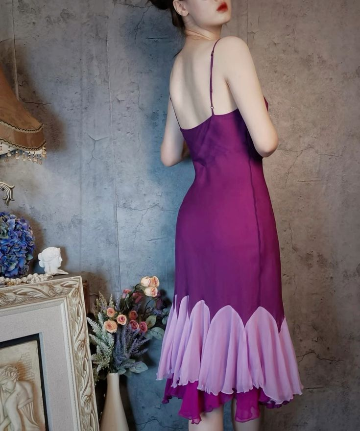 Vintage Spaghetti Straps Fuchsia Satin Chiffon Ruffles Mermaid Party Dress Long Evening Gown