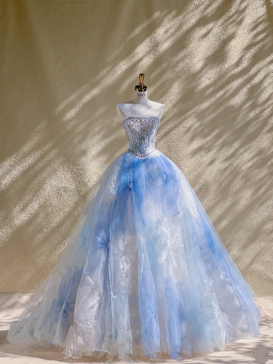 Blue tube top diamond waist slim fit puffy skirt long dress bridal gown R5818
