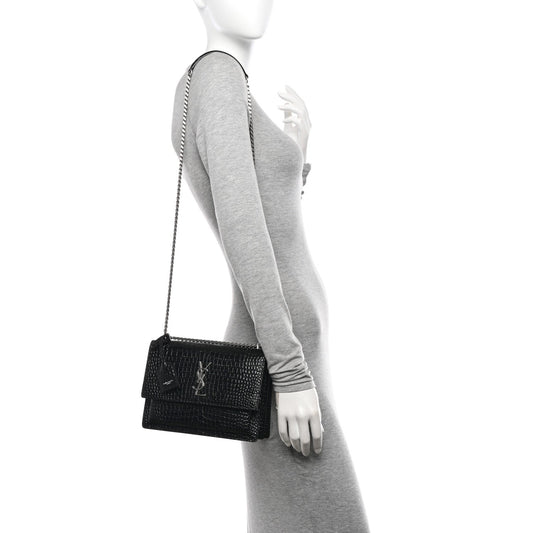 Calfskin Crocodile Embossed Medium Monogram Sunset Black