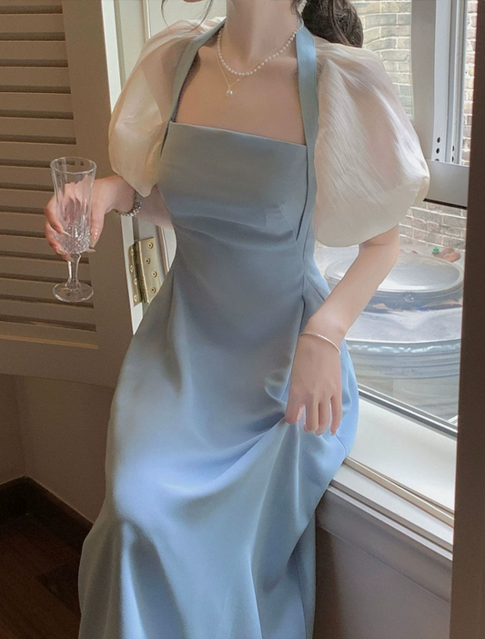 Blue halter neck square neck puff sleeve dress S5799
