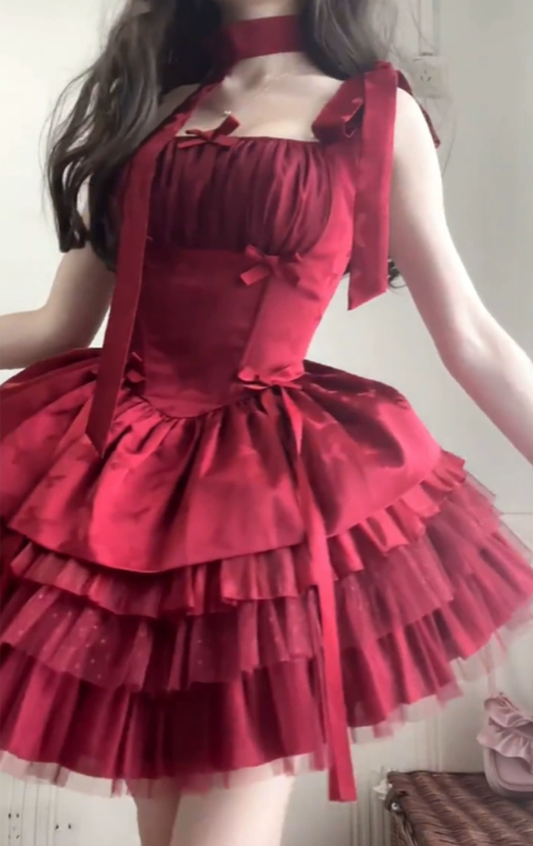 French red dress celebrity dress fluffy princess dress red S5757