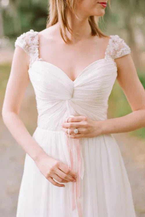 omberprom Elegant A-line Chiffon Cap Sleeves Wedding Dress with Appliques