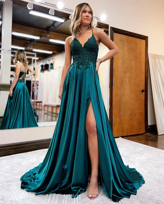 omberprom A-line Evening Dress Spaghetti Straps Corset Back Prom Dress With Split