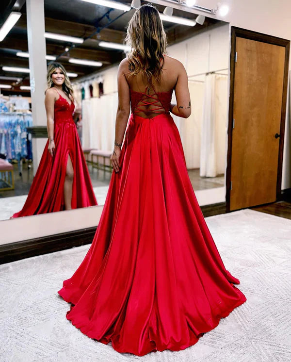 omberprom A-line Evening Dress Spaghetti Straps Corset Back Prom Dress With Split