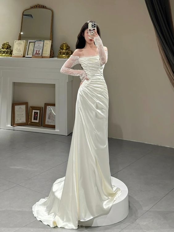 Princess Simple Dress, Ivory Prom Dress, Evening Dress, Feminine Party Dress, Wedding Dress Y6863