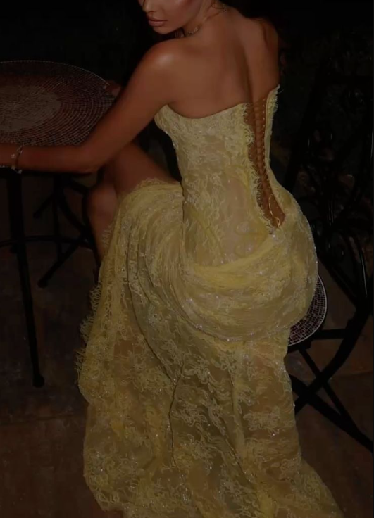 Gorgeous Strapless Yellow Lace Sequin High Slit Mermaid Long Prom Dress Evening Gown