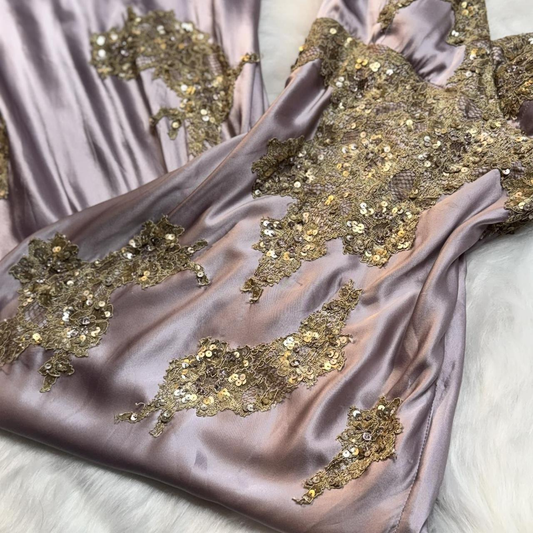 Classy Spaghetti Straps Purple Satin Gold Appliques Side Slit Long Prom Dress Party Dress Y9715