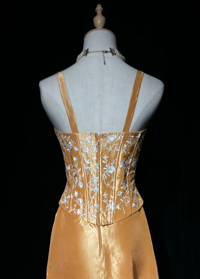 Pretty Spaghetti Straps Satin Embroidery A Line Long Evening Dress 20th Birthday Outfits SP1966