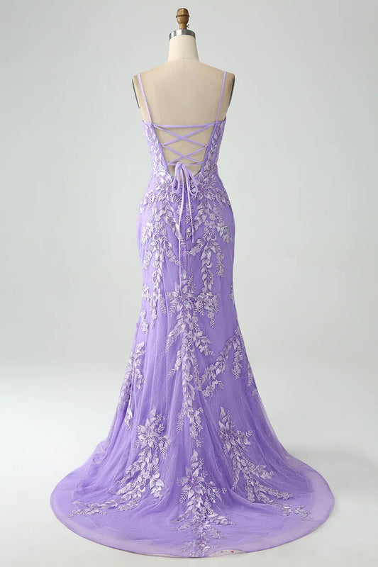 omberprom Lilac Mermaid Long Prom Dress Spaghetti Straps Corset Back with Embroidery