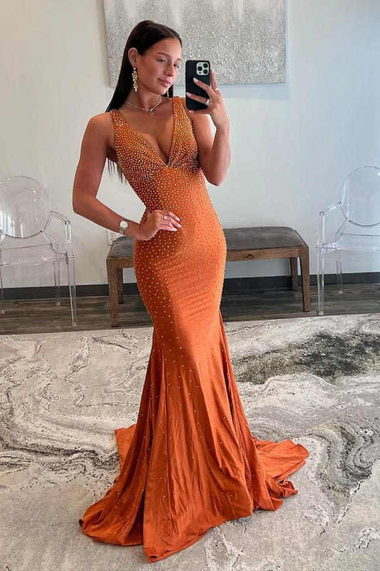 omberprom Mermaid Evening Dress Deep V-Neck Beaded Satin Long Prom Dress