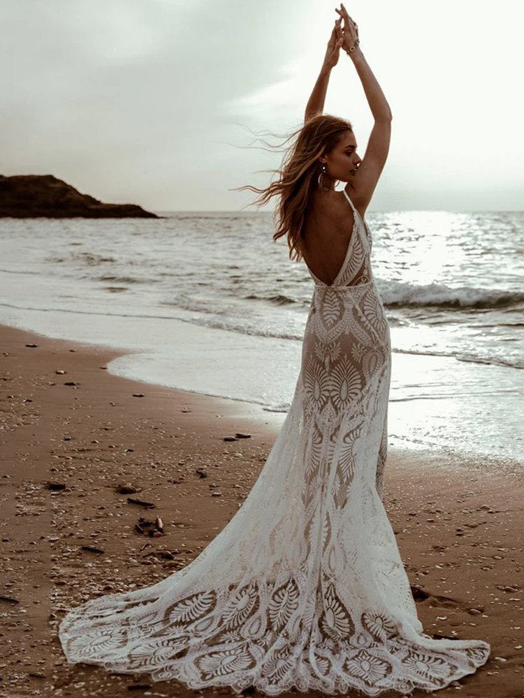 omberprom Beach Floral Mermaid Plunging Boho Lace Wedding Dress with Sweep Train