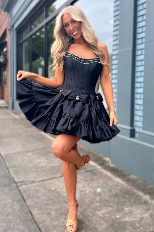 omberprom Homecoming Dress A-Line Strapless Short Satin With Bowknot Black