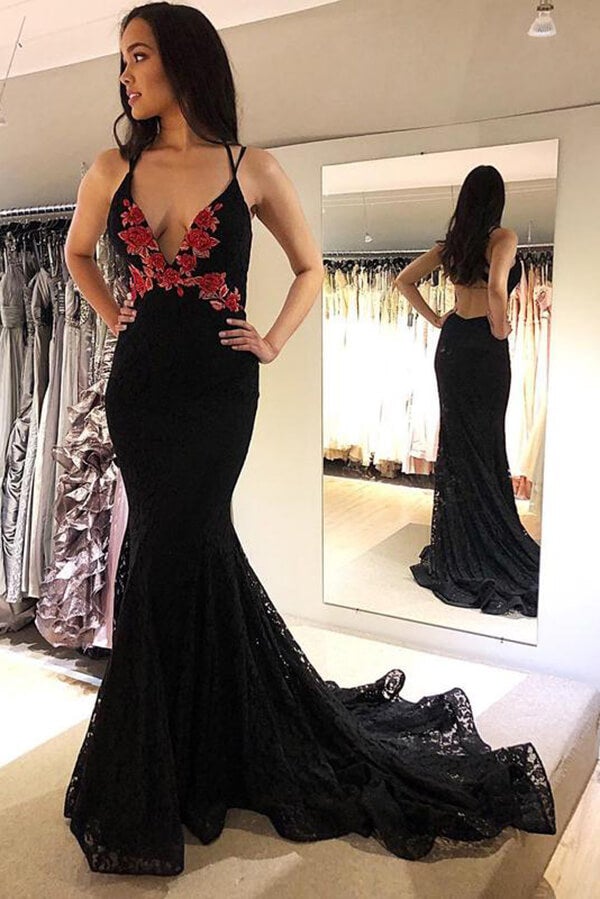 Black Lace Mermaid Backless Spaghetti Straps Prom Dresses, Evening Dress
