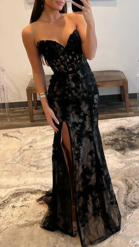 Black Prom Dresses, Sweetheart Lace Mermaid Prom Dress