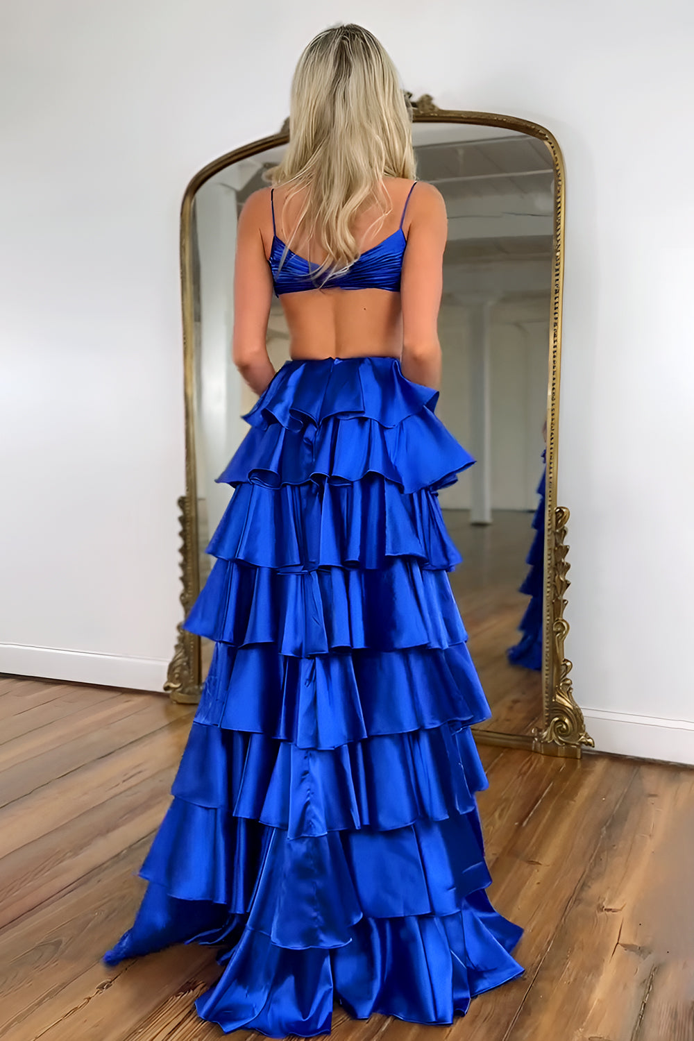 Black Ruffled Tiered Satin A-Line Prom Dress with Cutout Waist & V-Neck