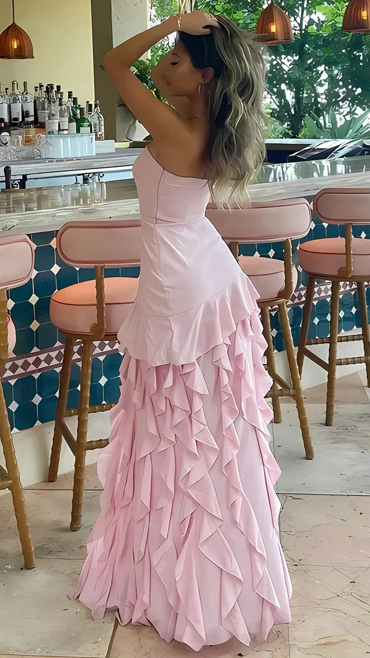 Black Strapless Ruffle Prom Dresses Long Slit Party Evening Dress,AST2198