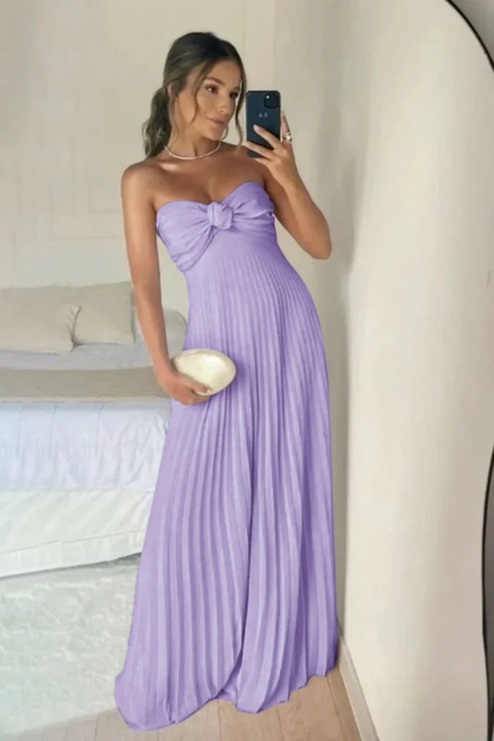 Blush Pink Strapless Knotted Bodice Pleated Maxi Prom Dress